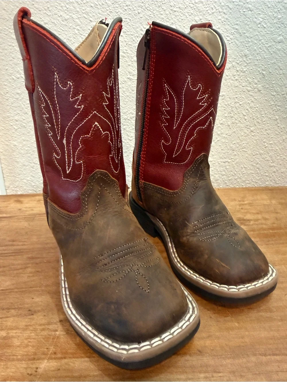 Old West Kids Cowboy Boots 5.5 D Brown Red Leather Western Side Zip